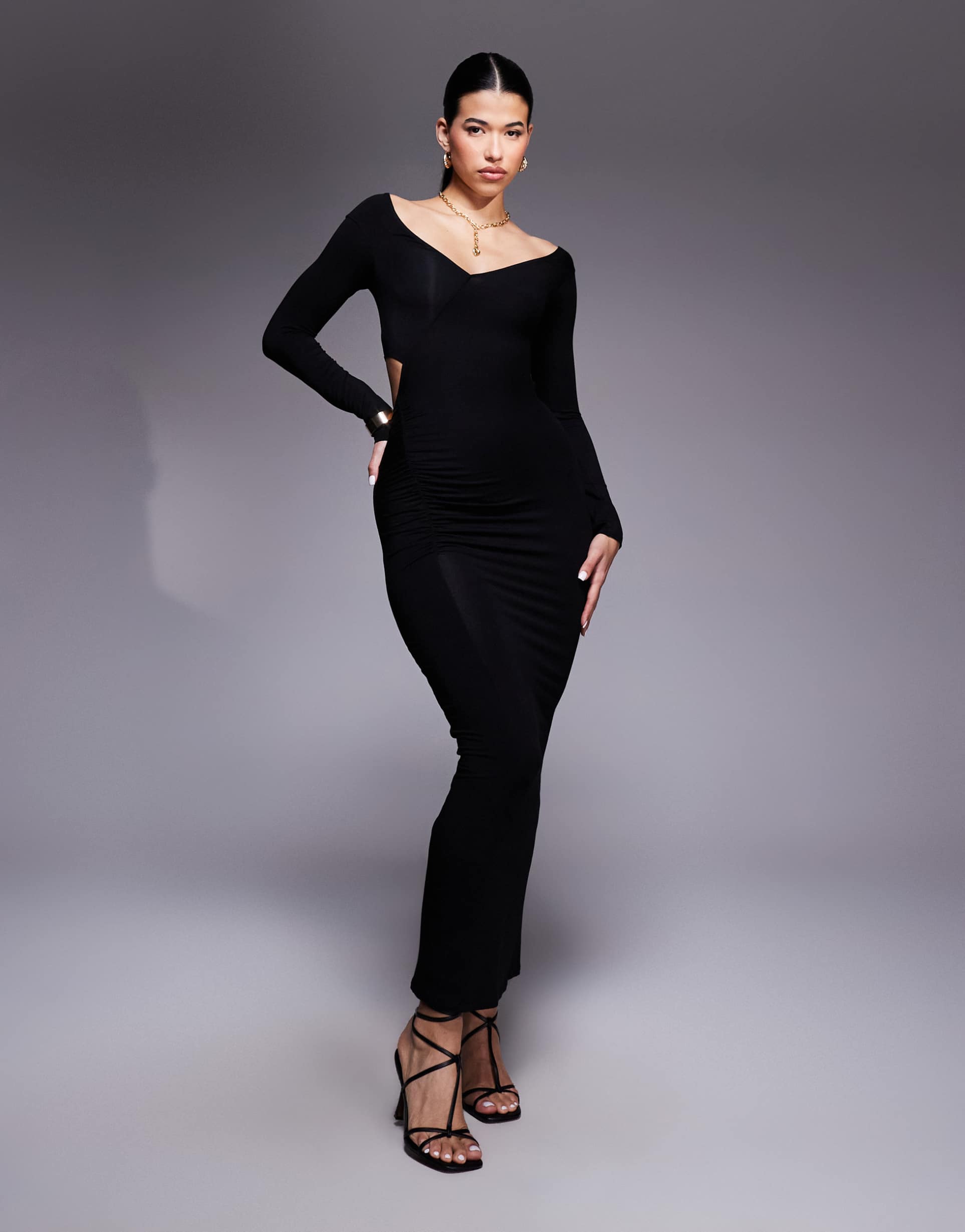 asos design shoulder grazer cut out strap back midaxi dress in black