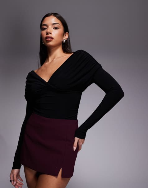 ASOS DESIGN shoulder grazer draped sleeved bodysuit in black - view 1