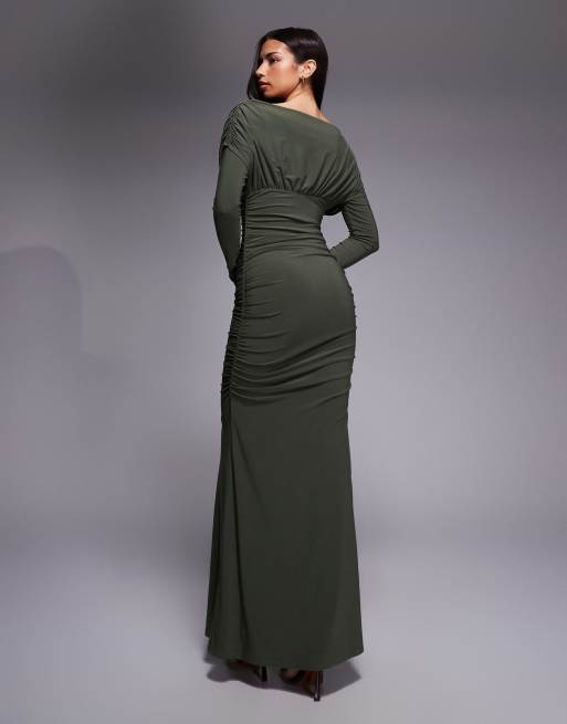ASOS DESIGN shoulder grazer draped sleeved maxi dress in khaki, 3 of 4