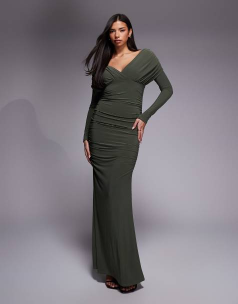 ASOS DESIGN shoulder grazer draped sleeves maxi dress in khaki green - view 1