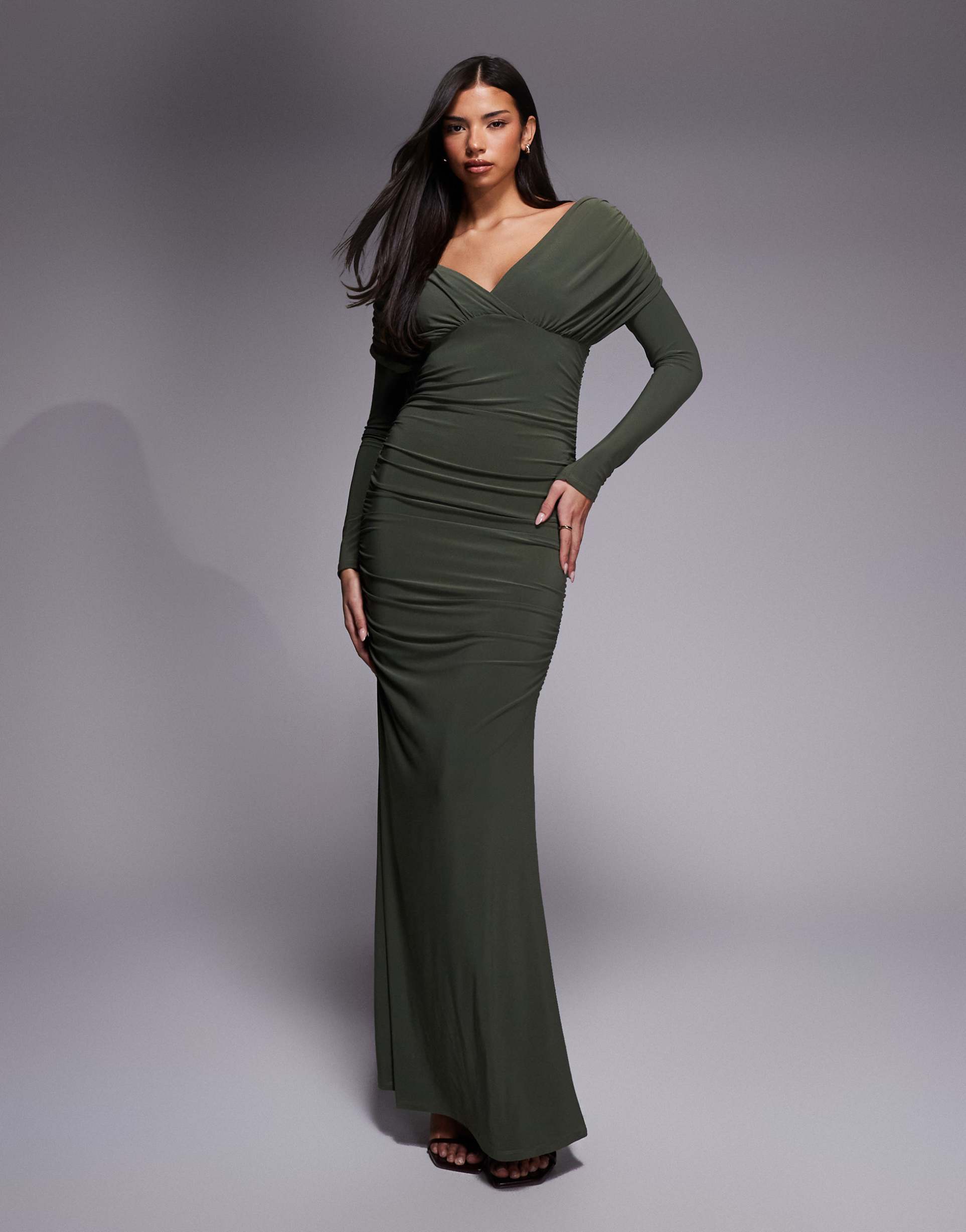 asos design shoulder grazer draped sleeves maxi dress in khaki green