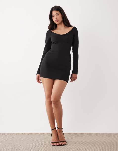 ASOS DESIGN shoulder grazer long sleeve scoop neck mini dress in black scuba-style fabric - view 1