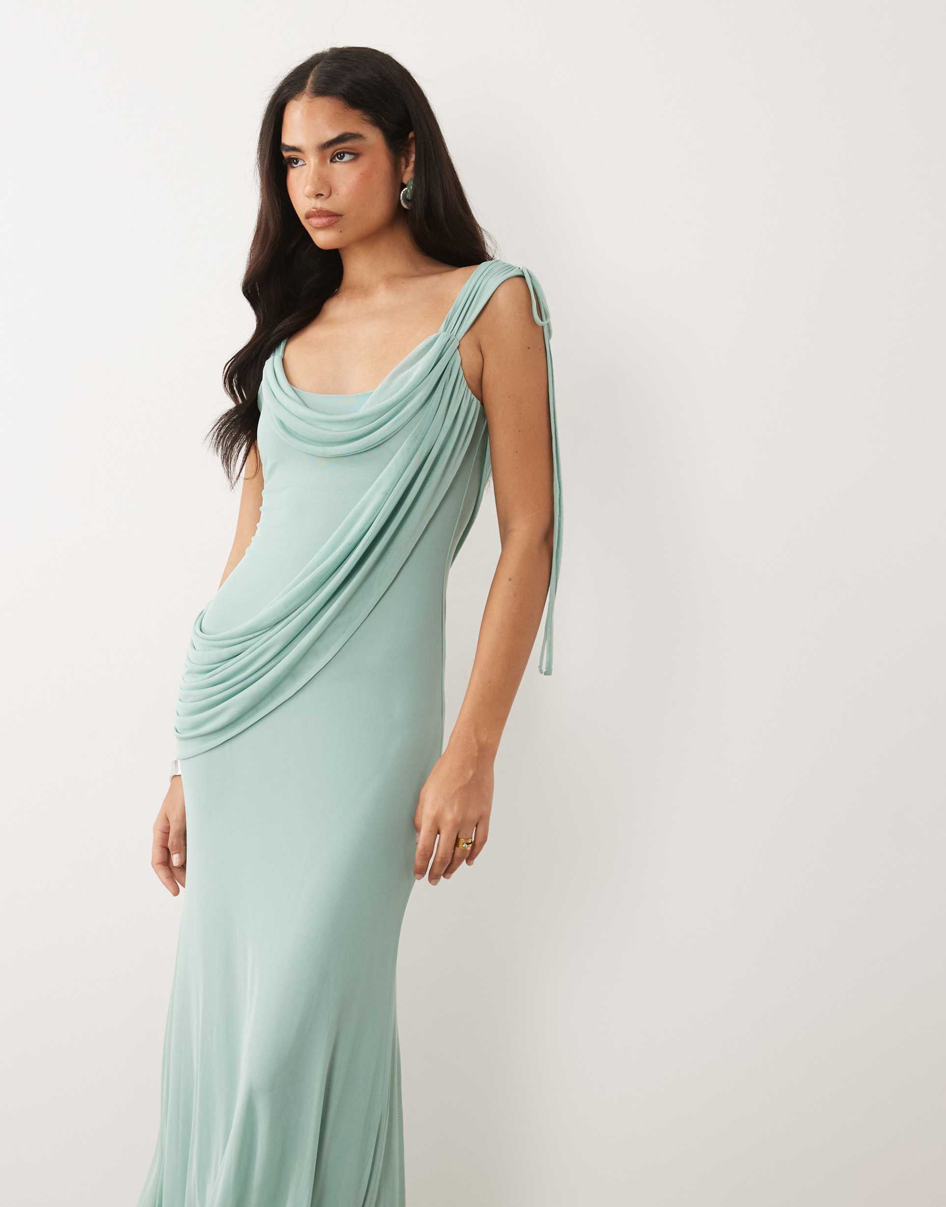 asos design shoulder grazing draped neckline mesh maxi dress with tie details in soft sage