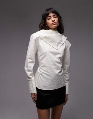 Asos Design Shoulder Pad Blouse Scarf Neckline In White