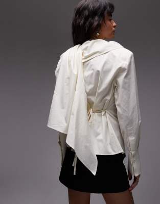 Asos Design Shoulder Pad Blouse Scarf Neckline In White