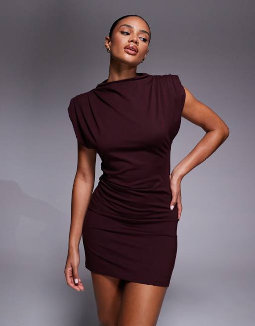 ASOS DESIGN shoulder pad bodycon mini dress in chocolate, 4 of 4