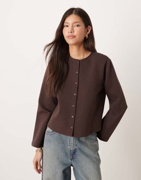 ASOS DESIGN shoulder pad button up interlock boxy top in chocolate - view 1