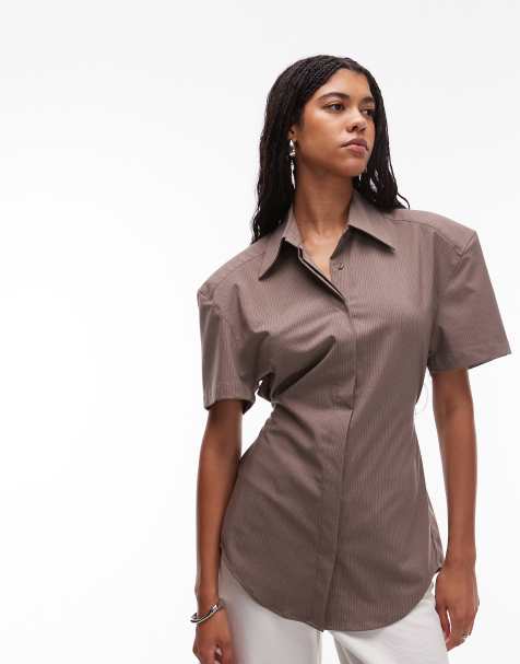 ASOS DESIGN shoulder pad cinch short sleeve shirt in pinstripe - view 1