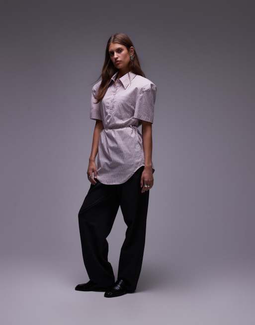 ASOS DESIGN shoulder pad cinch waist polo shirt in pink stripe, 2 of 4