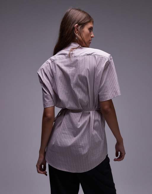 ASOS DESIGN shoulder pad cinch waist polo shirt in pink stripe, 3 of 4