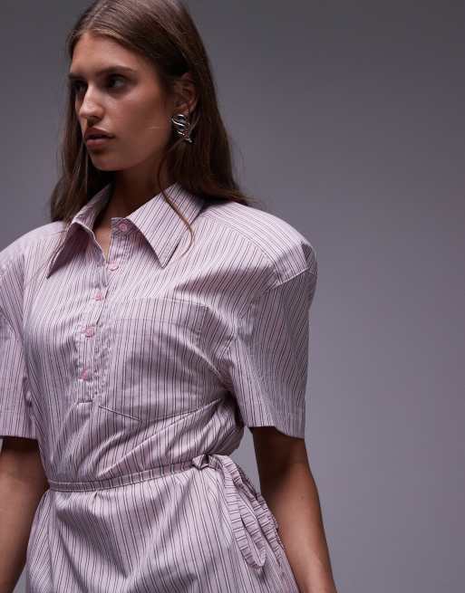 ASOS DESIGN shoulder pad cinch waist polo shirt in pink stripe, 4 of 4