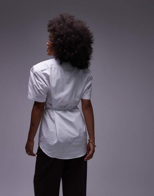 ASOS DESIGN shoulder pad cinch waist polo shirt in white, 3 of 4