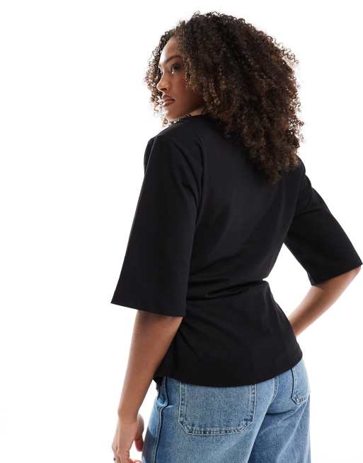 ASOS DESIGN shoulder pad cinch waist T-shirt in black