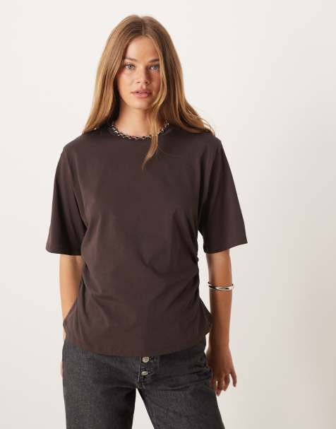 ASOS DESIGN shoulder pad cinched tee in chocolate brown - view 1