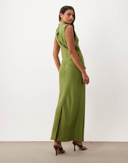 ASOS DESIGN shoulder pad column maxi dress in olive green, 4 of 4