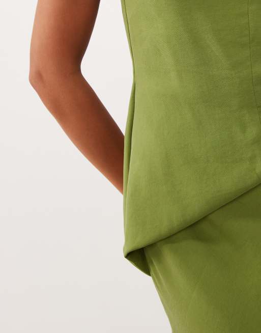 ASOS DESIGN shoulder pad column maxi dress with cut out side in olive green, 3 of 4