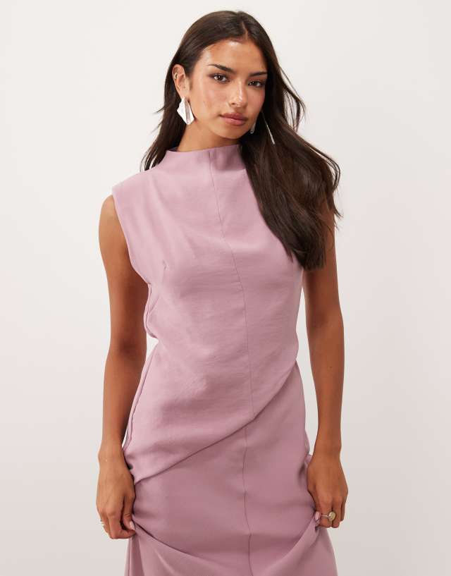 ASOS DESIGN shoulder pad column maxi dress with cut out side in pink