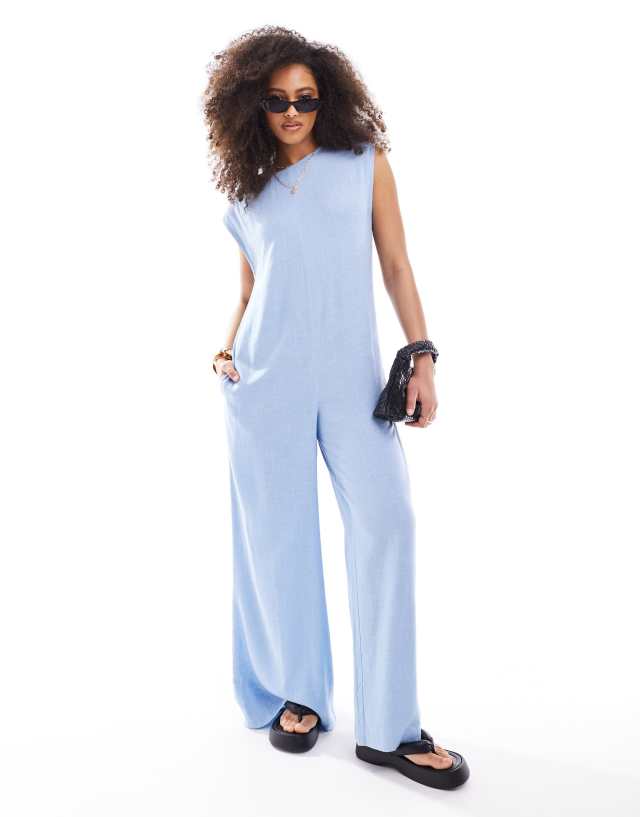 ASOS DESIGN - shoulder pad column wide leg jumpsuit in blue