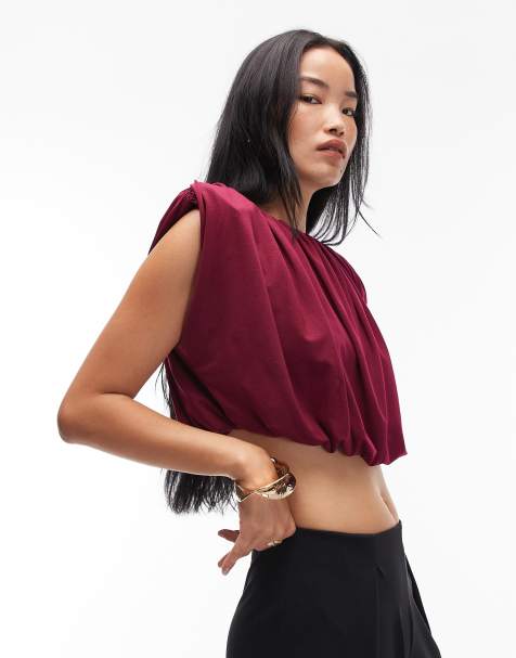 ASOS DESIGN shoulder pad detail bubble hem top with gathers in fig - view 1