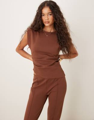 ASOS DESIGN shoulder pad detail interlock co ord top with pleats in chocolate-Brown