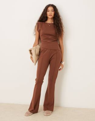 Asos Design Shoulder Pad Detail Interlock Top With Pleats In Brown