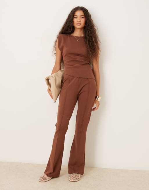 ASOS DESIGN shoulder pad detail interlock top with pleats in chocolate (Part of a set), 2 of 4