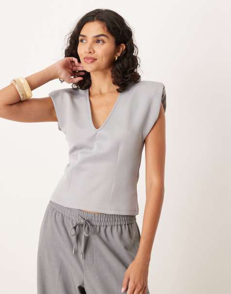 ASOS DESIGN shoulder pad detail plunge scuba top in grey - view 1