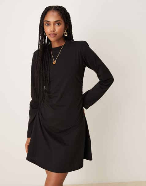 ASOS DESIGN shoulder pad detailing cinched long sleeve casual mini dress in black - view 1