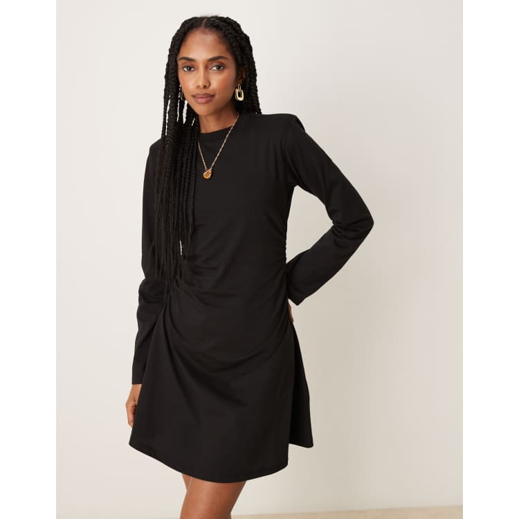 long sleeve off shoulder mini dress Off The Shoulder Cinched Waist Satin Bardot Little Black Mini Dress for Party Wear - Black - XL
