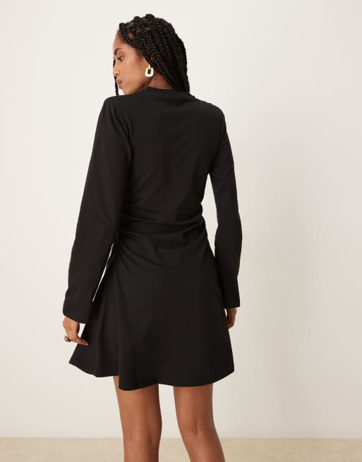 ASOS Design shoulder pad detailing cinched long sleeve casual mini dress in Black