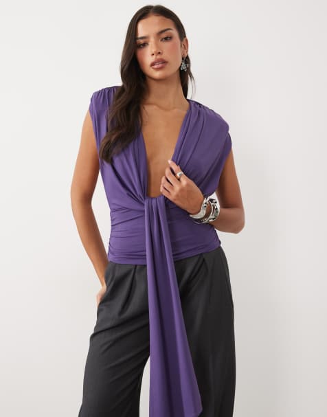ASOS DESIGN shoulder pad draped top in plum - view 1