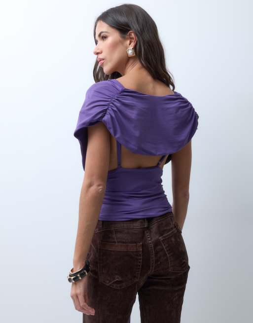 ASOS DESIGN shoulder pad draped top in plum, 4 of 4