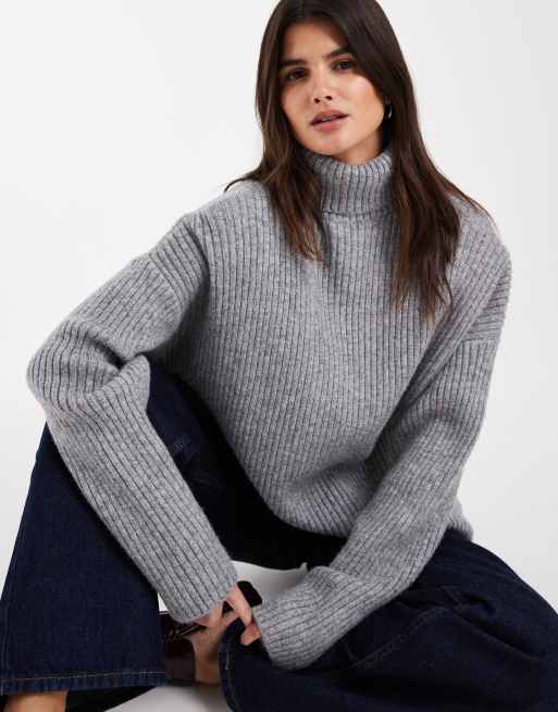 ASOS DESIGN shoulder pad funnel neck oversized jumper in grey marl, 2 of 4