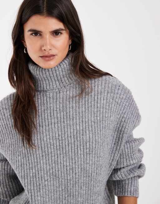 ASOS DESIGN shoulder pad funnel neck oversized jumper in grey marl, 3 of 4