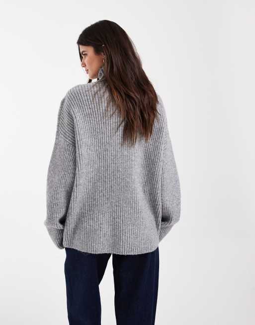 ASOS DESIGN shoulder pad funnel neck oversized jumper in grey marl, 4 of 4