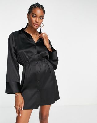 ASOS DESIGN shoulder pad gathered waist mini satin shirt dress in black - ASOS Price Checker