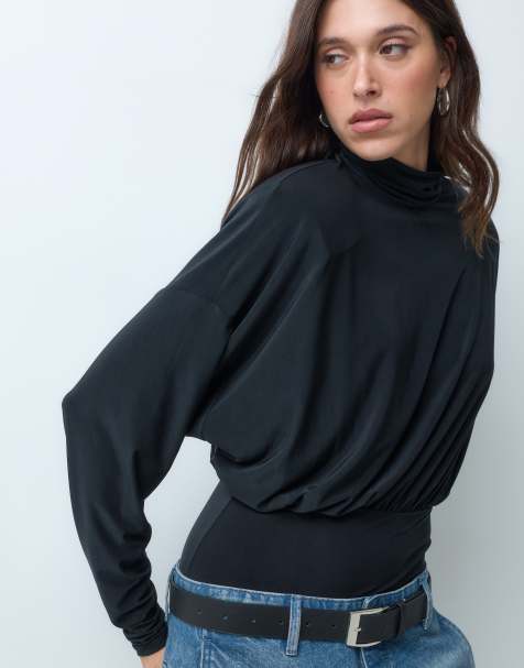 ASOS DESIGN shoulder pad high neck bodysuit in black - view 1
