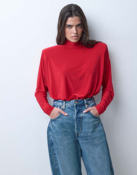 ASOS DESIGN shoulder pad high neck bodysuit in red - view 1