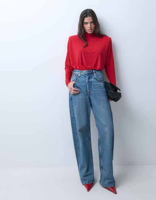 ASOS DESIGN shoulder pad high neck bodysuit in red, 3 of 5