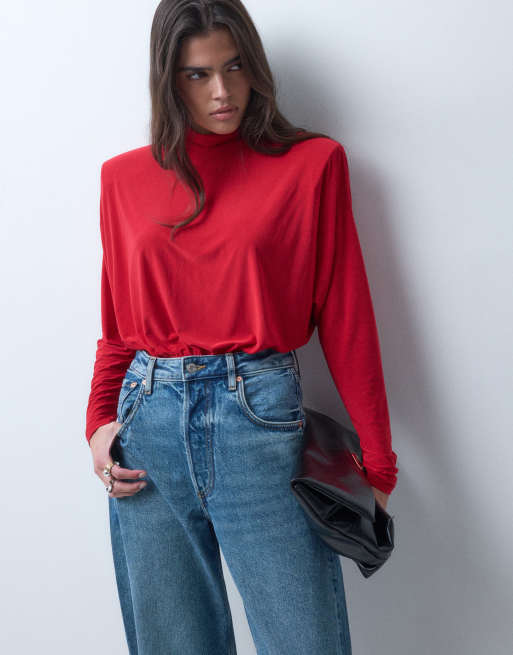ASOS DESIGN shoulder pad high neck bodysuit in red, 4 of 5