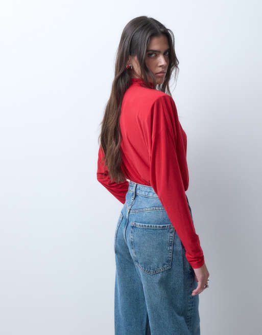 ASOS DESIGN shoulder pad high neck bodysuit in red, 5 of 5