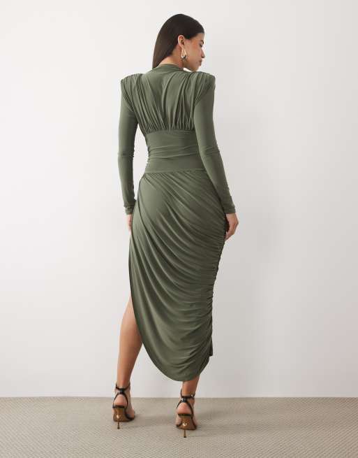 ASOS DESIGN shoulder pad high neck draped midaxi dress in khaki, 4 of 4