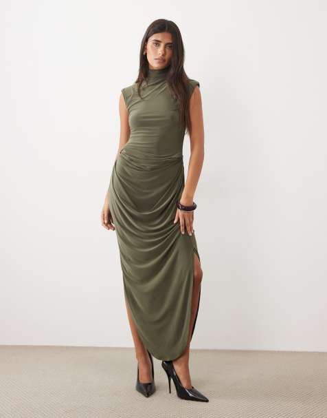 ASOS DESIGN shoulder pad high neck maxi dress with drape hip detail in khaki - view 1