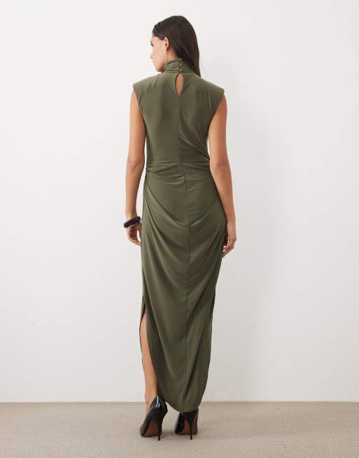 ASOS DESIGN shoulder pad high neck maxi dress with drape hip detail in khaki, 4 of 4