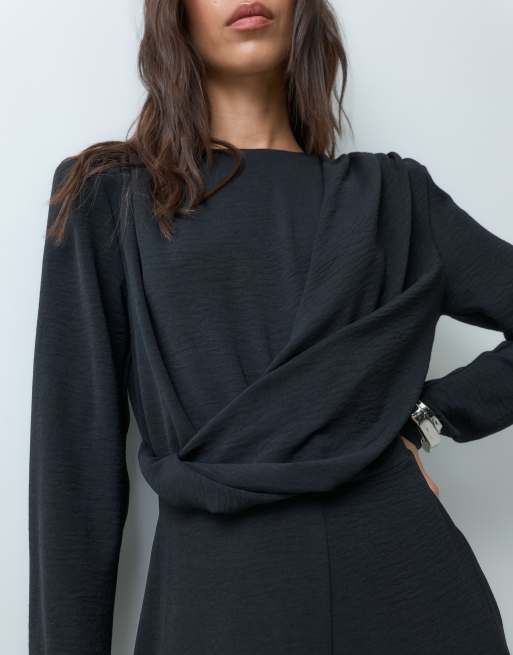 ASOS DESIGN shoulder pad long sleeve jumpsuit with ruched bodice and twist detail in black, 4 of 5