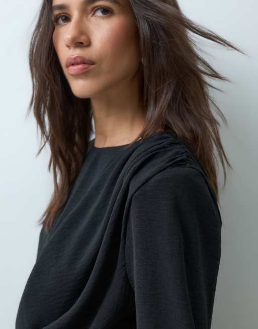 ASOS DESIGN shoulder pad long sleeve jumpsuit with ruched bodice and twist detail in black, 5 of 5