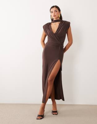 Asos Design Shoulder Pad Maxi Dress In Brown