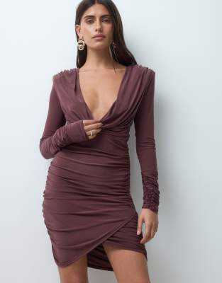 Asos Design Shoulder Pad Mini Dress With Cowl Deep Plunge Neckline In Multi