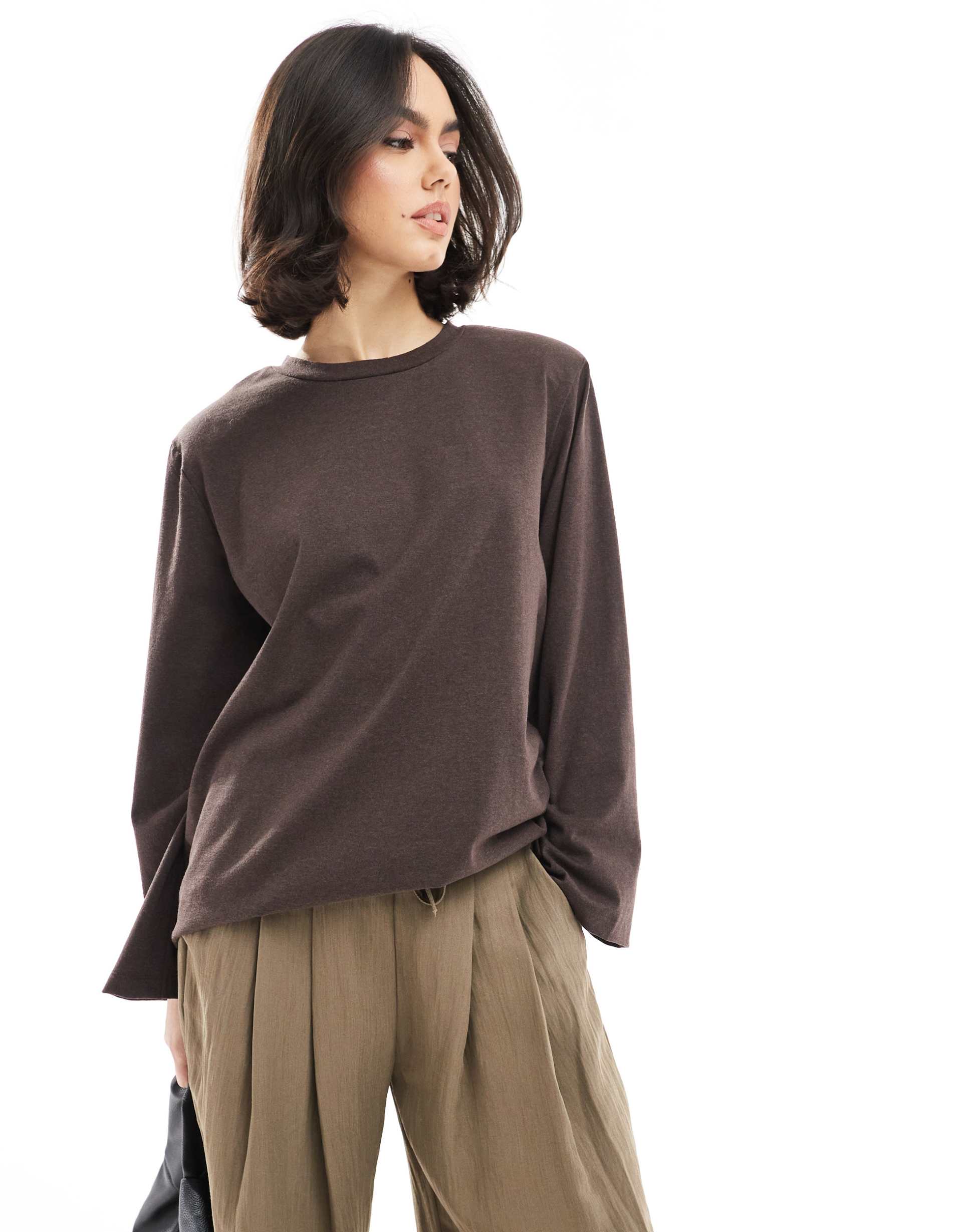 asos design shoulder pad oversized long sleeve t-shirt in chocolate