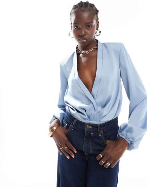 ASOS DESIGN shoulder pad plunge bodysuit in blue - view 1
